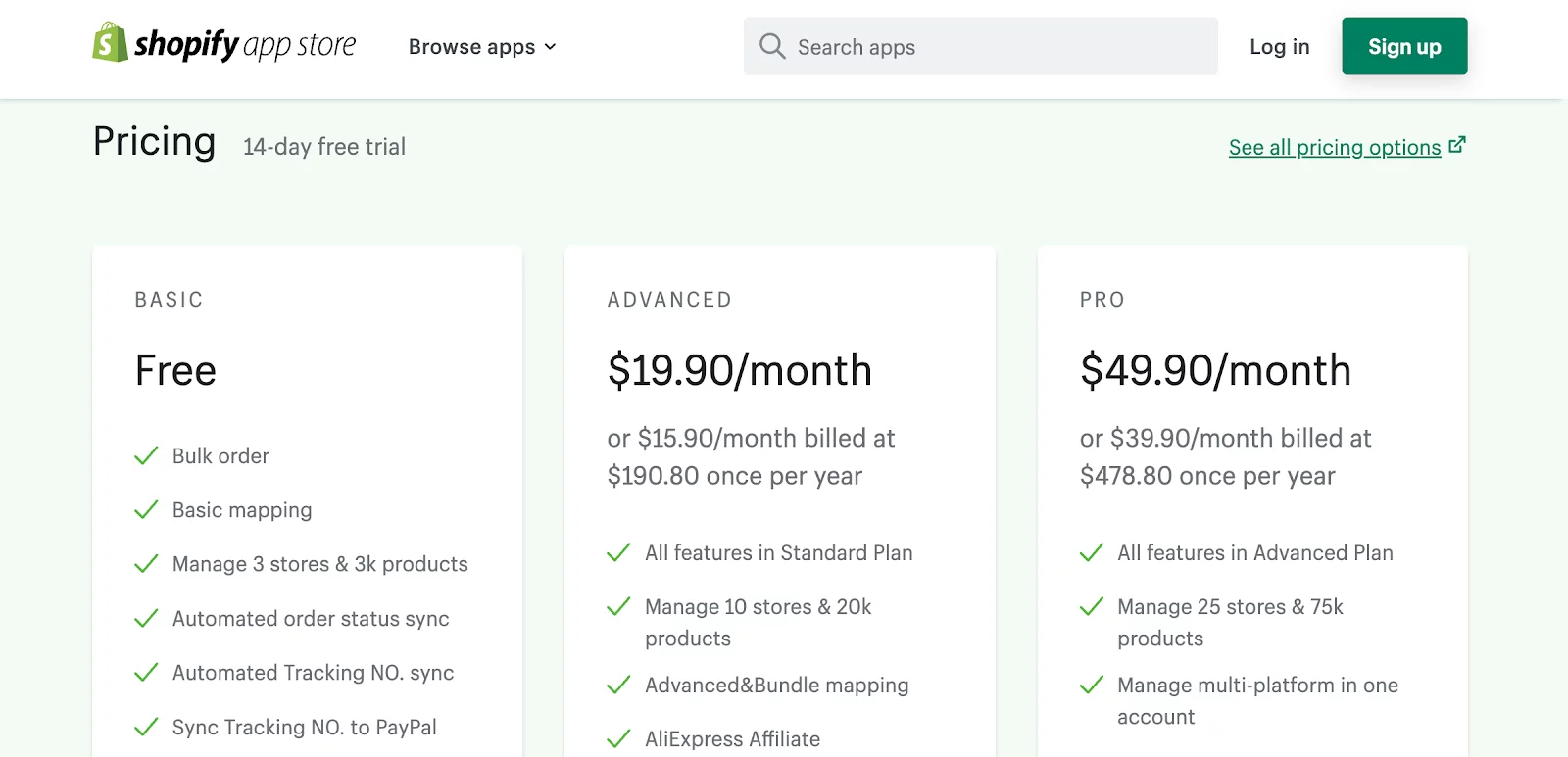 Shopify Apps for Dropshipping - Pricing of Dsers