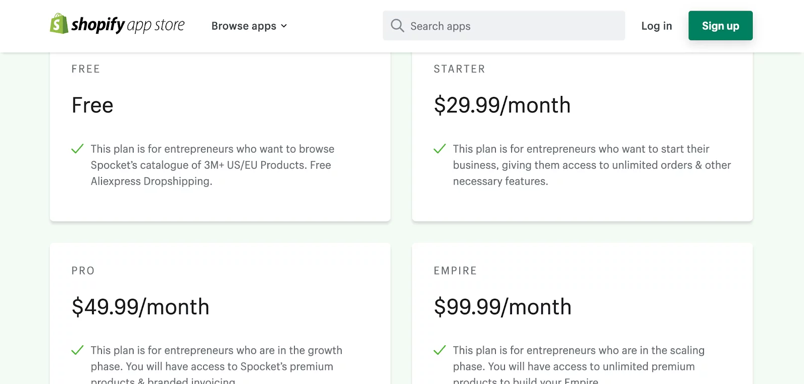 Shopify Apps for Dropshipping - pricing of Spocket