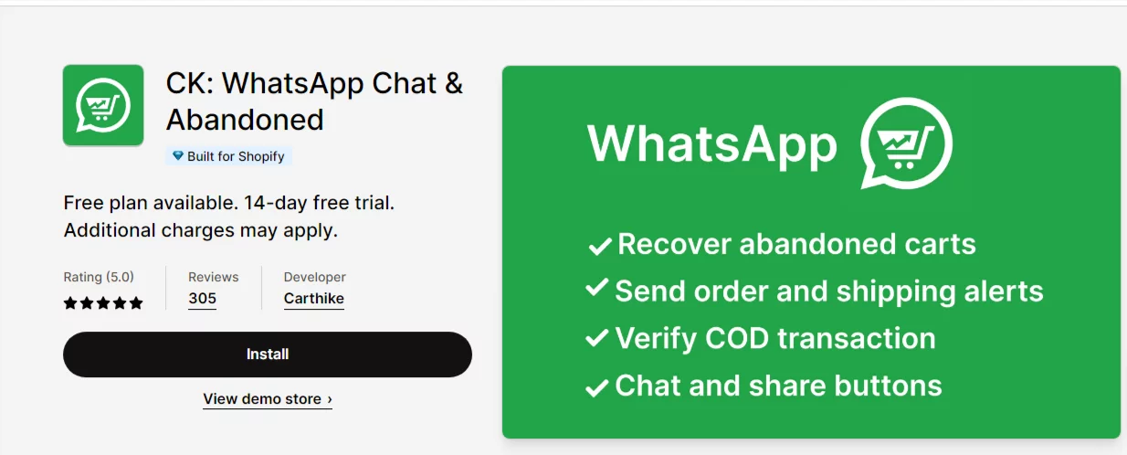 CK: WhatsApp Chat & Abandoned Cart: Best Shopify App for Abandoned Cart Recovery