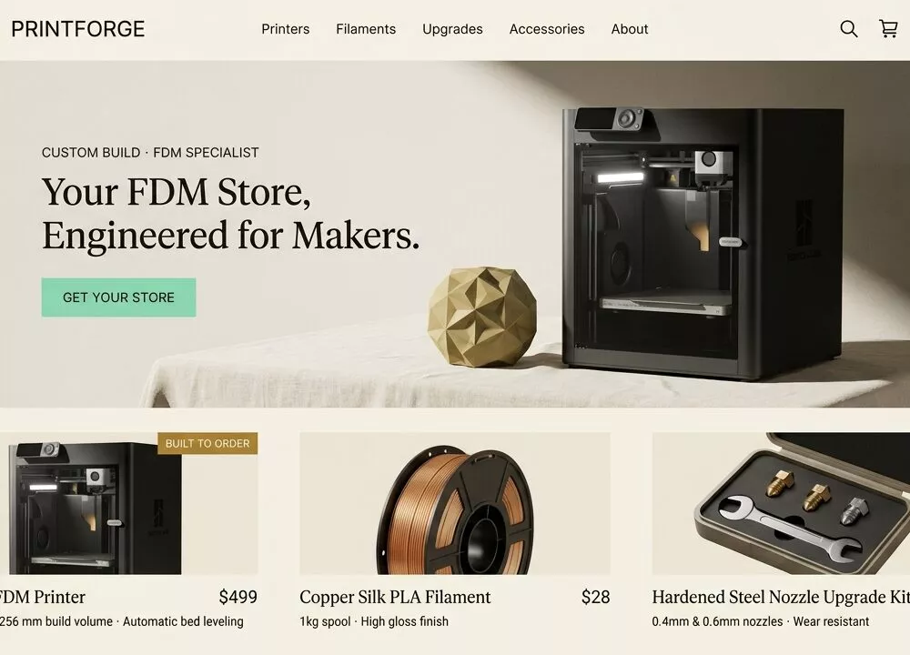Custom Build-to-Order FDM 3D Printer Shopify Store + Brandable Domain ($500–2,000 Value)